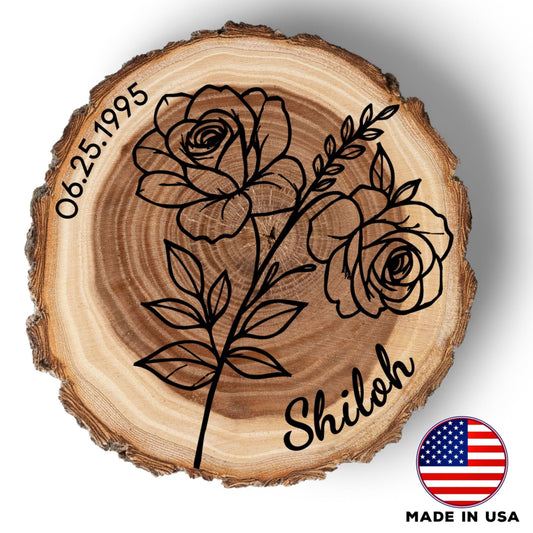 Personalized Birth Flower June Coaster, Real Wood Birth Month Flower Gift, Made in USA Birthday Gift for Her, Girlfriend, Wife, or Mom