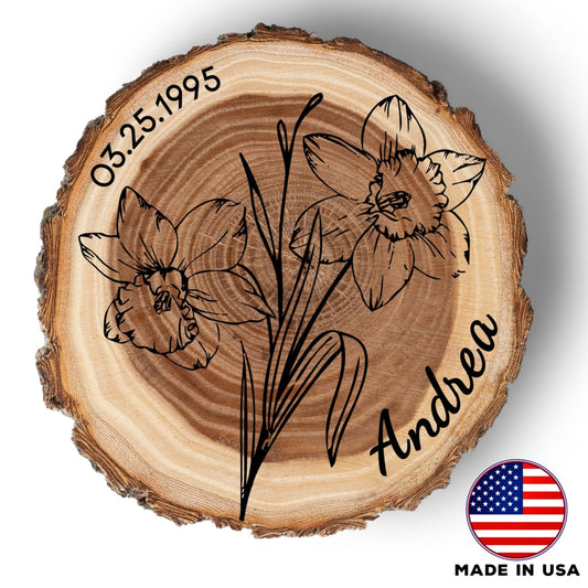 Personalized Birth Flower March Coaster, Real Wood Birth Month Flower Gift, Made in USA Birthday Gift for Her, Girlfriend, Wife, or Mom