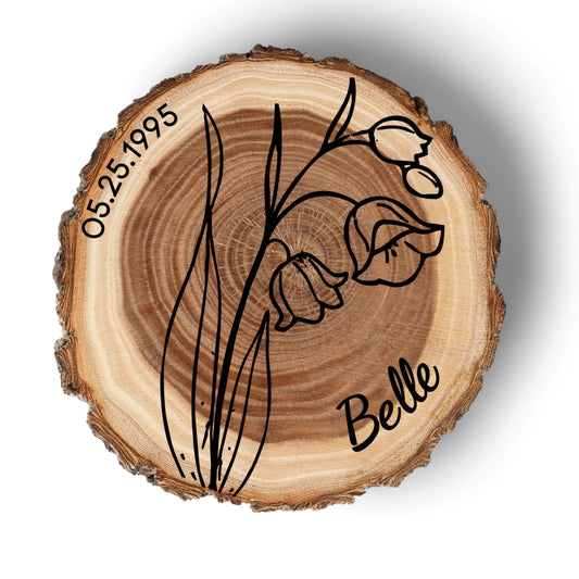 Personalized Birth Flower May Coaster, Real Wood Birth Month Flower Gift, Made in USA Birthday Gift for Her, Girlfriend, Wife, or Mom