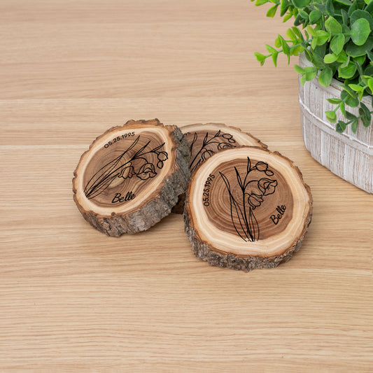 Personalized Birth Flower May Coaster, Real Wood Birth Month Flower Gift, Made in USA Birthday Gift for Her, Girlfriend, Wife, or Mom