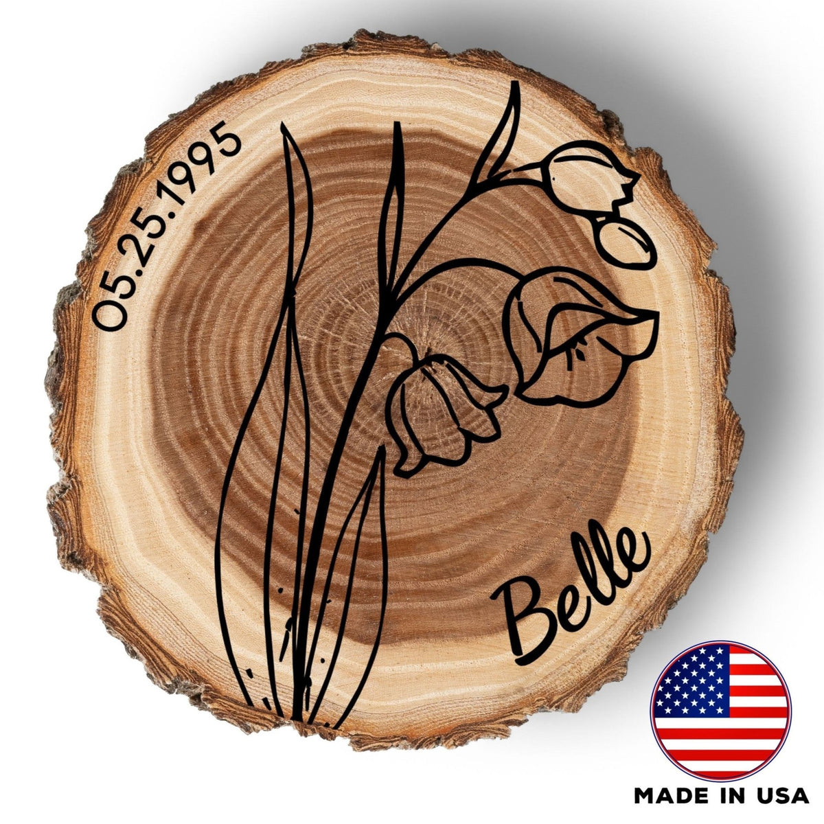 Personalized Birth Flower May Coaster, Real Wood Birth Month Flower Gift, Made in USA Birthday Gift for Her, Girlfriend, Wife, or Mom - Apparel & Accessories - Aylev