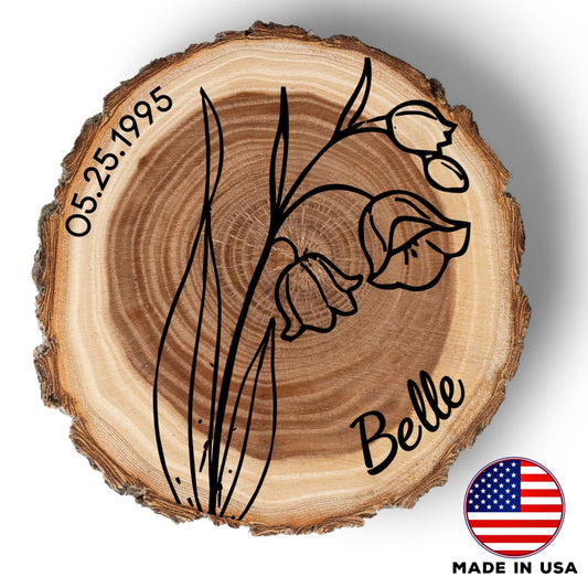 Personalized Birth Flower May Coaster, Real Wood Birth Month Flower Gift, Made in USA Birthday Gift for Her, Girlfriend, Wife, or Mom