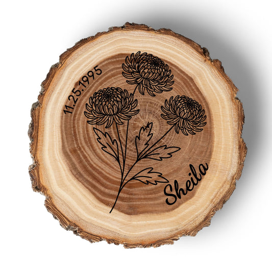 Personalized Birth Flower November Coaster, Real Wood Birth Month Flower Gift, Made in USA Birthday Gift for Her, Girlfriend, Wife, or Mom