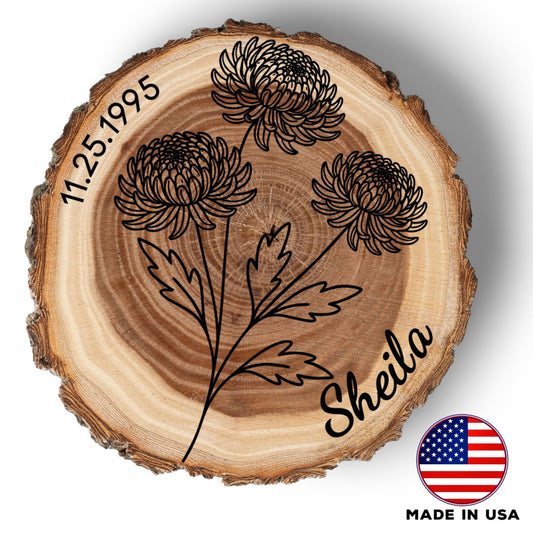 Personalized Birth Flower November Coaster, Real Wood Birth Month Flower Gift, Made in USA Birthday Gift for Her, Girlfriend, Wife, or Mom