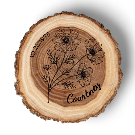 Personalized Birth Flower October Coaster, Real Wood Birth Month Flower Gift, Made in USA Birthday Gift for Her, Girlfriend, Wife, or Mom