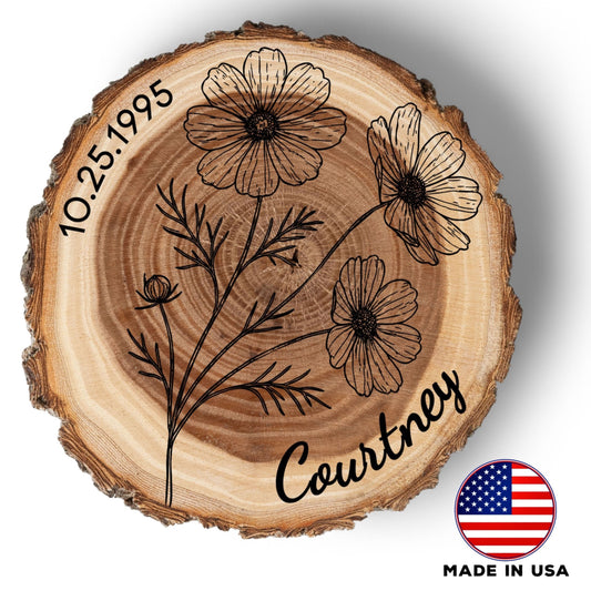 Personalized Birth Flower October Coaster, Real Wood Birth Month Flower Gift, Made in USA Birthday Gift for Her, Girlfriend, Wife, or Mom
