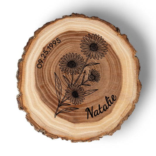 Personalized Birth Flower September Coaster, Real Wood Birth Month Flower Gift, Made in USA Birthday Gift for Her, Girlfriend, Wife, or Mom