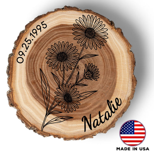 Personalized Birth Flower September Coaster, Real Wood Birth Month Flower Gift, Made in USA Birthday Gift for Her, Girlfriend, Wife, or Mom